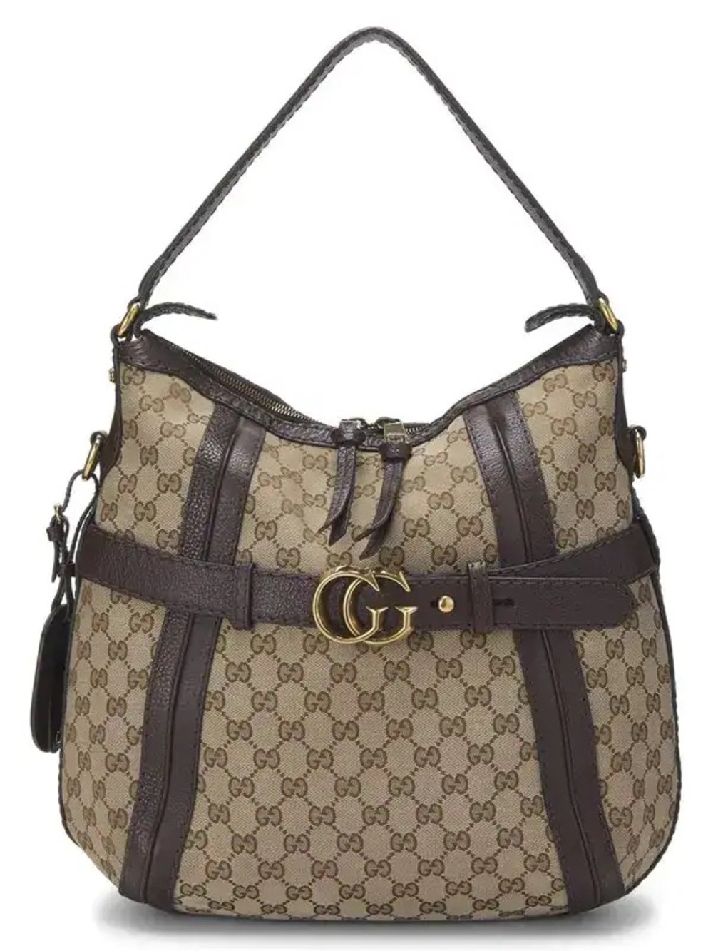 Gucci Beige GG Canvas Shoulder Bag with Dark Brown Leather Trim